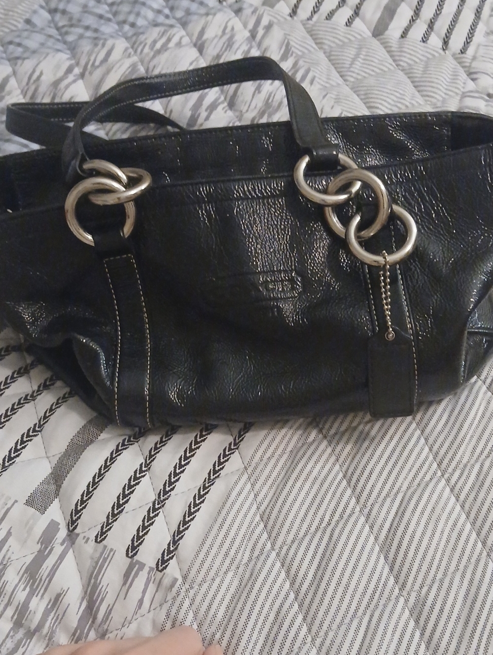Black Patent Leather Coach Tote Bag with Silver Chain Ring Detail Authenticated